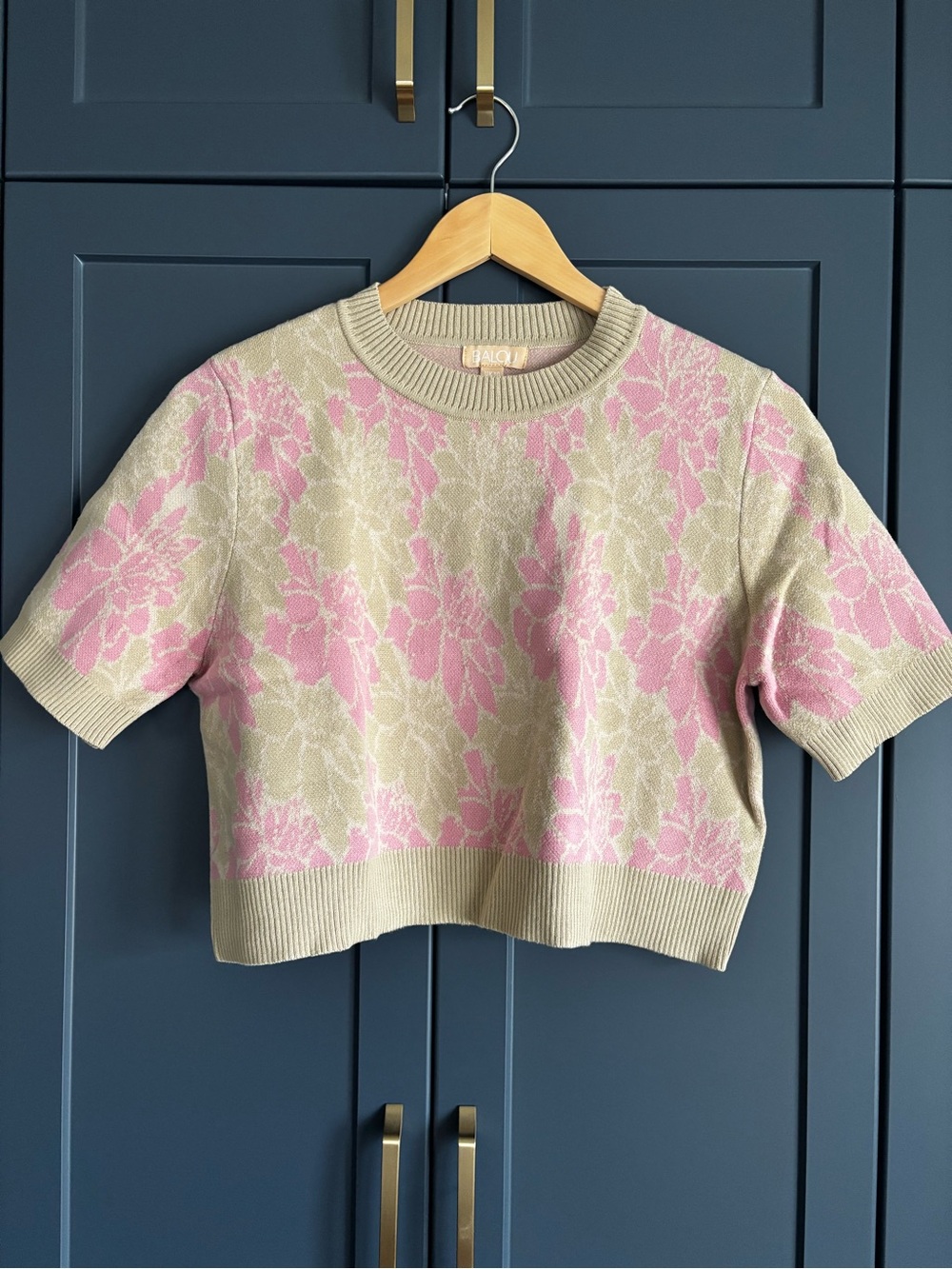 Floral Knit Crewneck Sweater in Pink and Beige